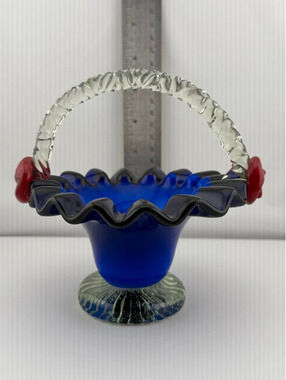 Vintage Murano Style Cobalt Blue Art Glass Basket Red Roses Twist Handle